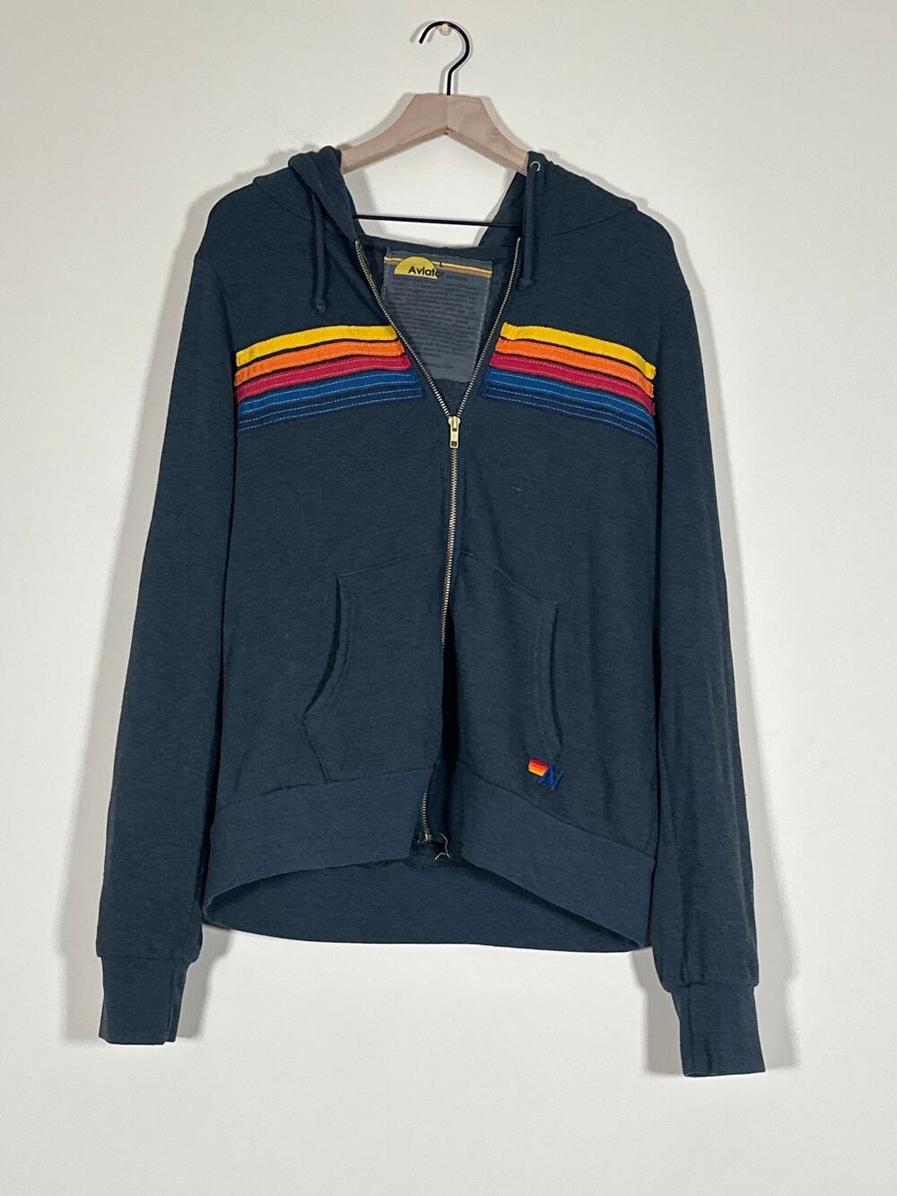 Aviator Nation Rainbow 5 Stripe Zip Up Hoodie Navy Size Large